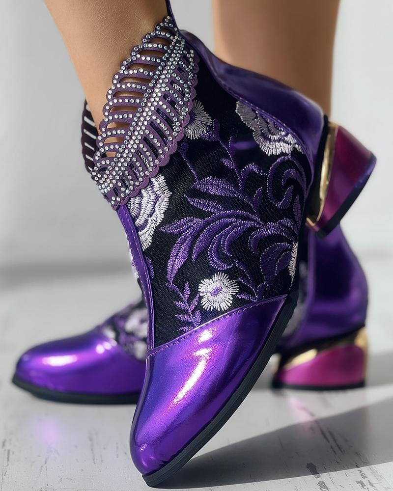 

Floral Embroidery Rhinestone Leaf Pattern Ankle Boots, Black&purple