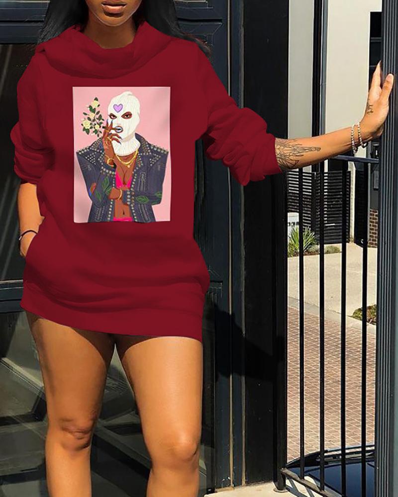 

Graphic Print Pocket Design Long Sleeve Sweatshirt Dress, Wine red