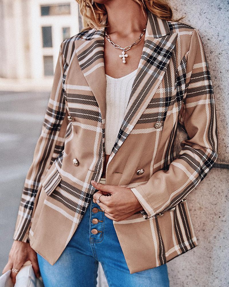 

Plaid Print Lapel Collar Double Breasted Blazer, Khaki