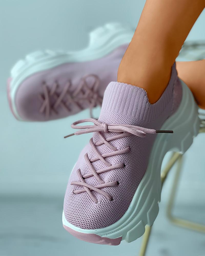 

Colorblock Sequins Patch Knit Lace-up Sneakers, Pink
