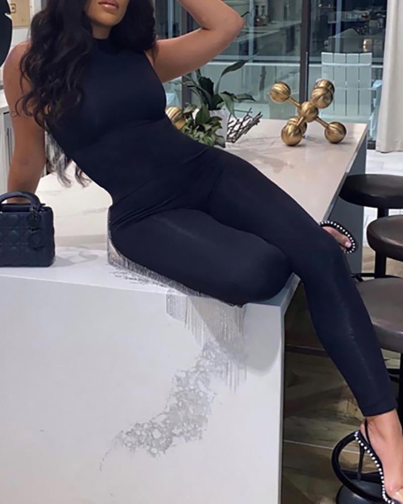 

Round Neck Sleeveless Solid Jumpsuit, Black
