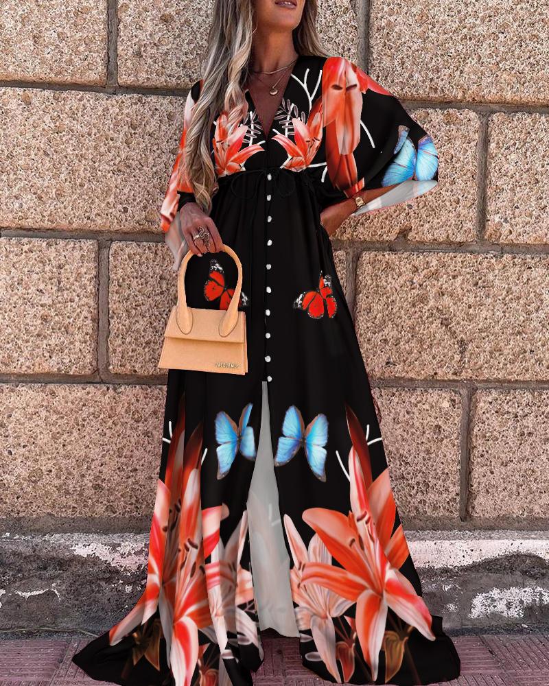 

Butterfly Floral Print V-Neck Batwing Sleeve Maxi Dress, Black