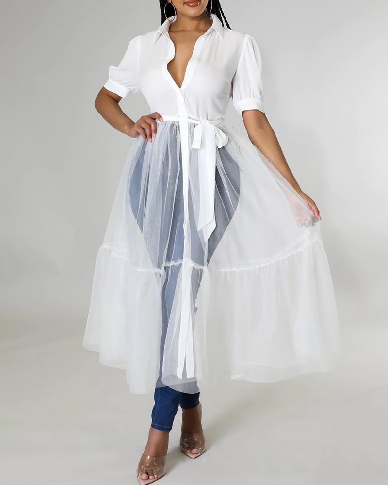 

Buttoned Sheer Mesh Puff Sleeve Shirt, White