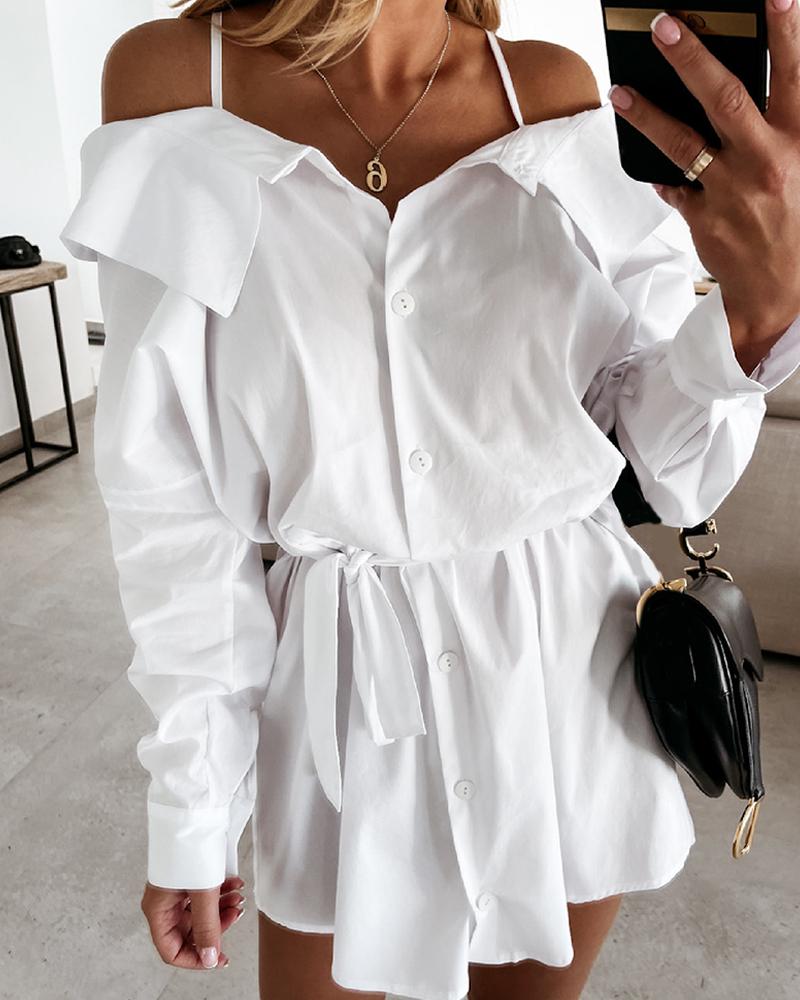 

Cold Shoulder Button Front Long Sleeve Shirt Dress, White