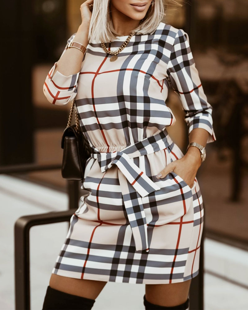 

Plaid Print Pocket Detail Belted Casual Dress With Belt Casual Daily Mini Dress, Khaki