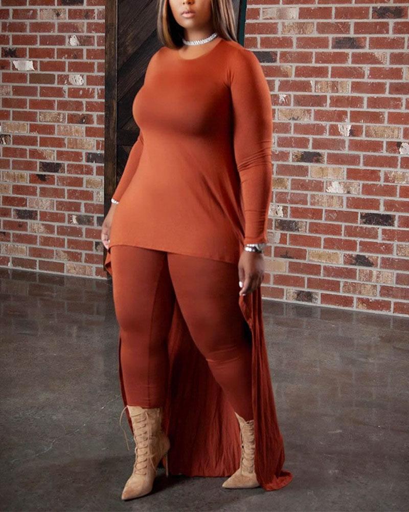 

Plus Size Long Sleeve High Low Hem Top & Pants Set, Coffee