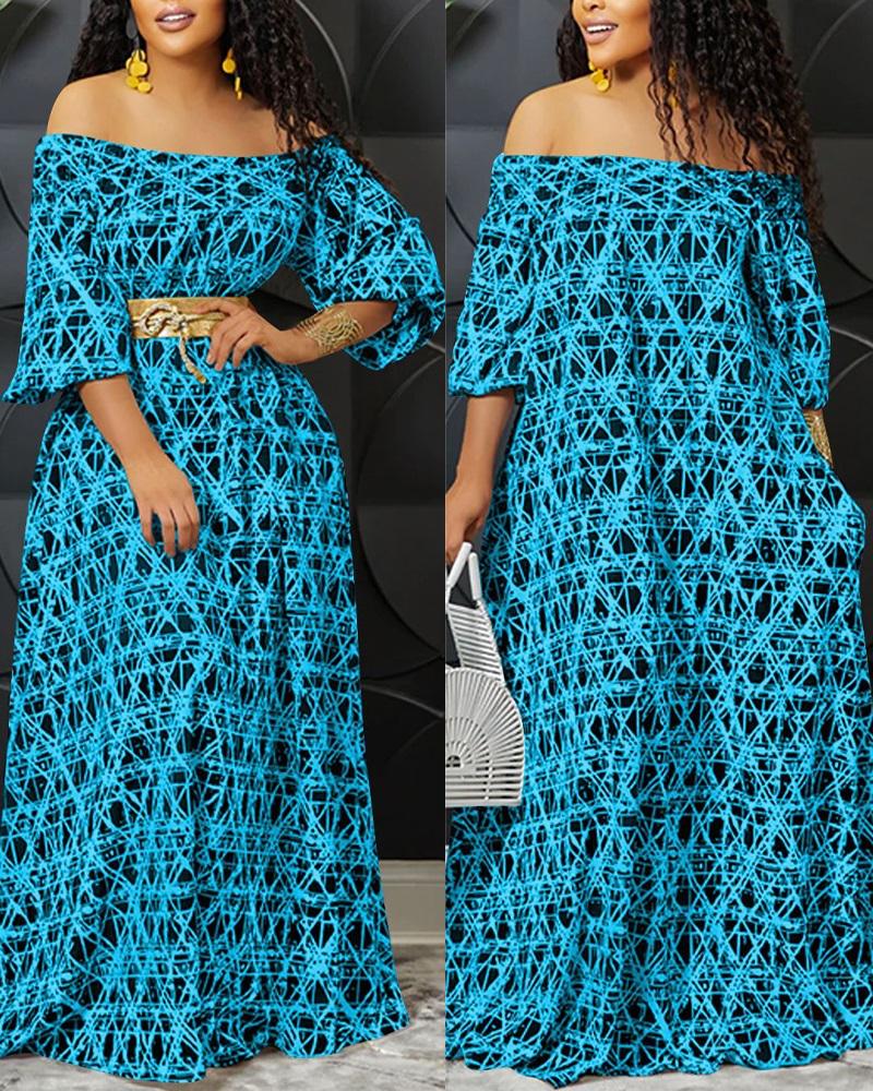 

Abstract Print Off Shoulder Maxi Dress, Blue
