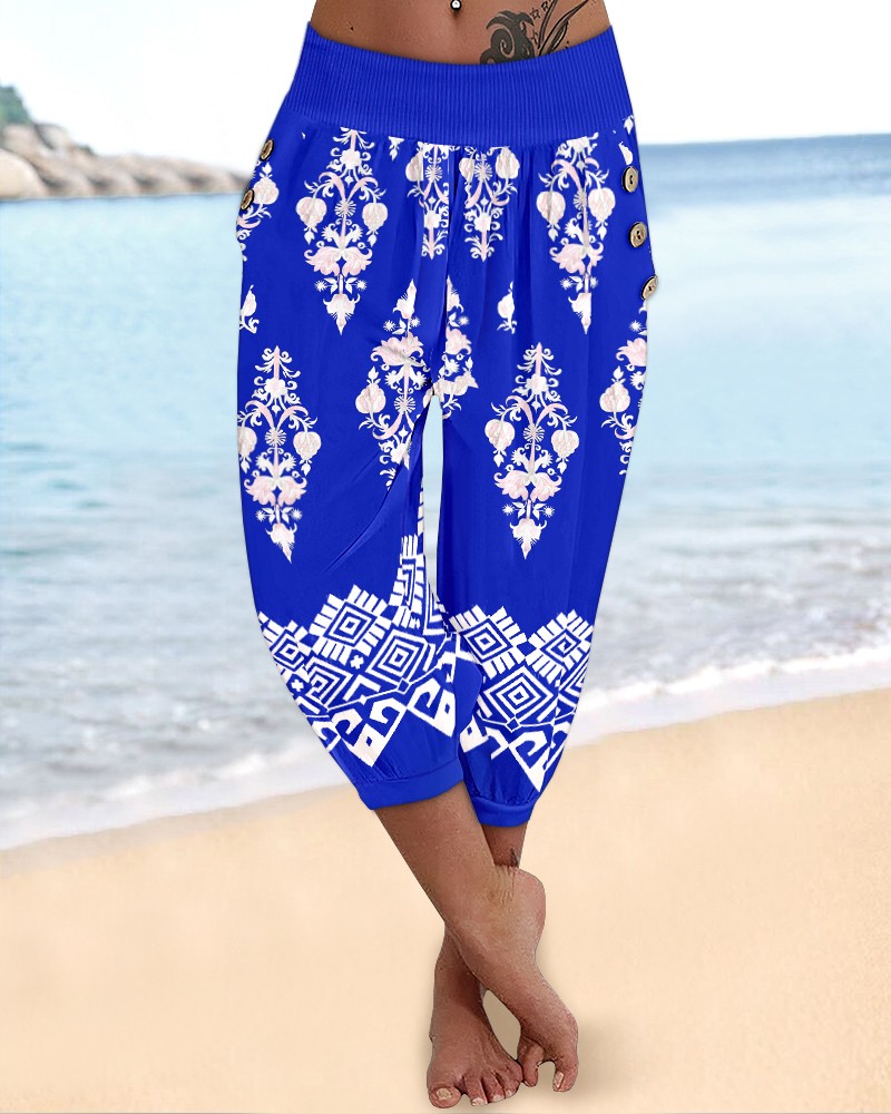 Tribal Print Low Waist Button Decor Capris Pants Vintage