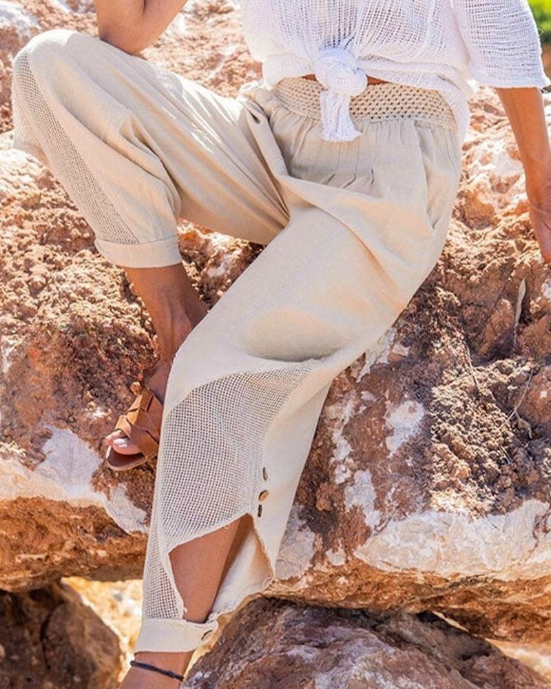 

Elastic Waist Side Cutout Pants, Beige
