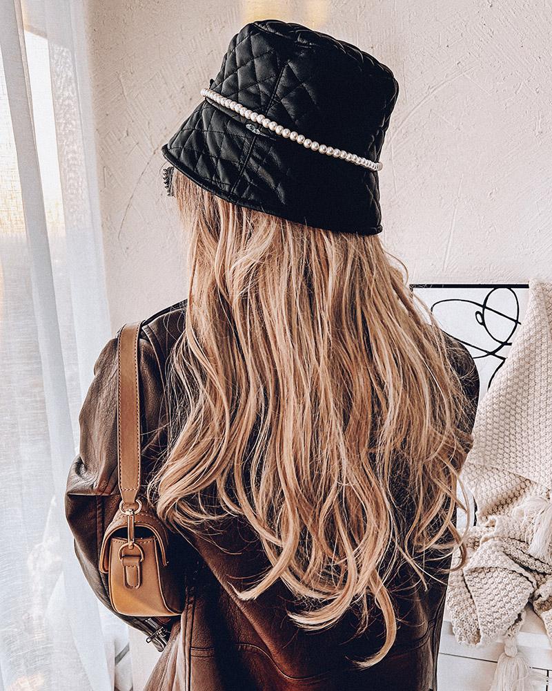 

PU Leather Bear Decor Beaded Bucket Hat, Black