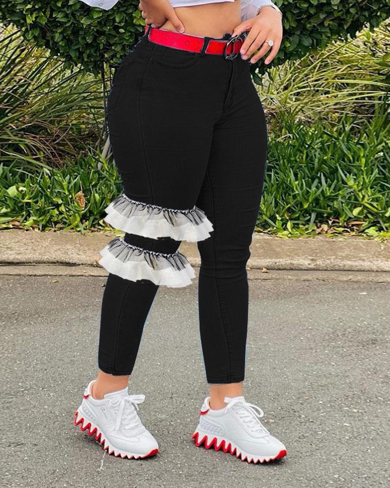 

Zipper Fly Contrast Lace Skinny Jeans, Black