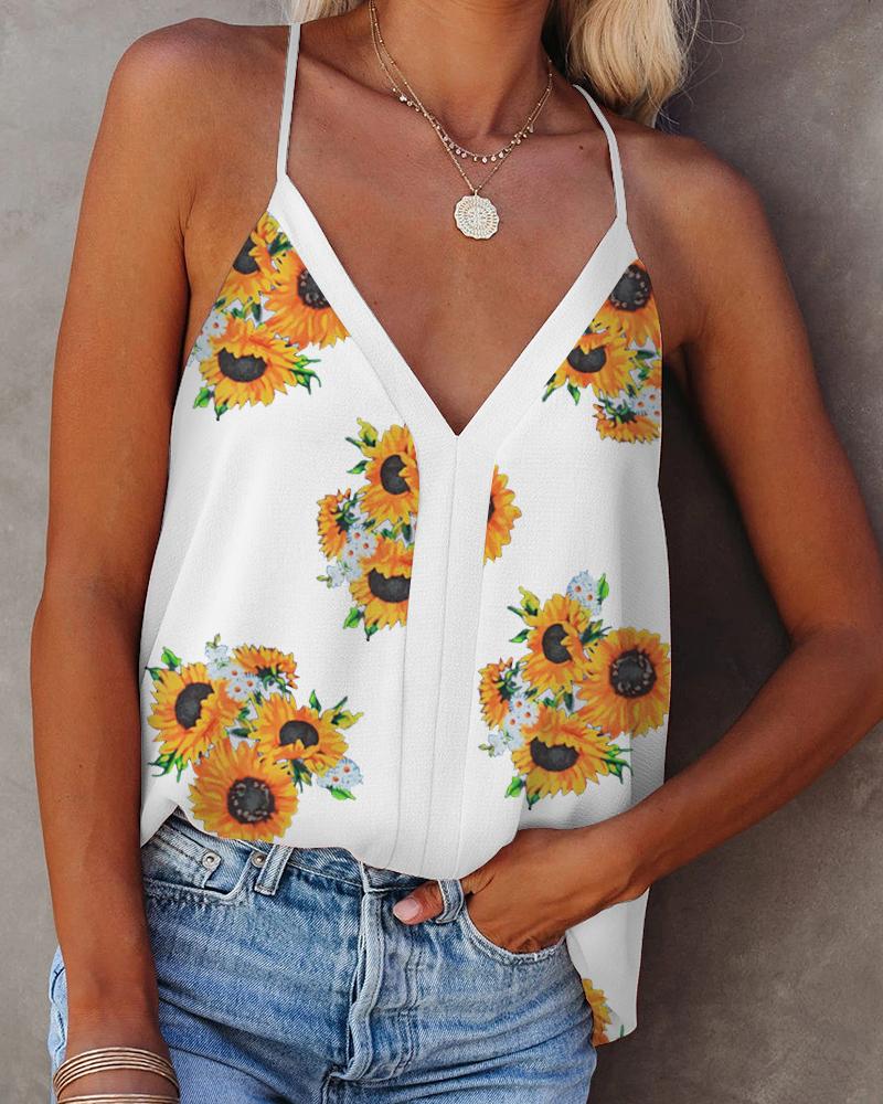 

Sunflower Print Halter Sleeveless Top, White