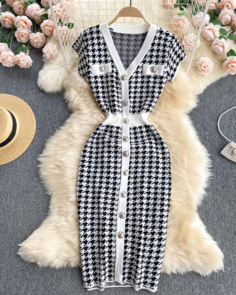 

Houndstooth Pattern Tight Waist Knit Bodycon Dress, White