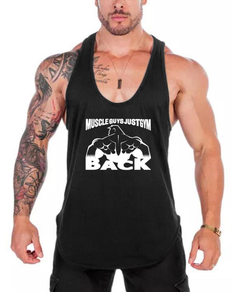 

Cartoon & Letter Print Sleeveless Sport Tank, Black