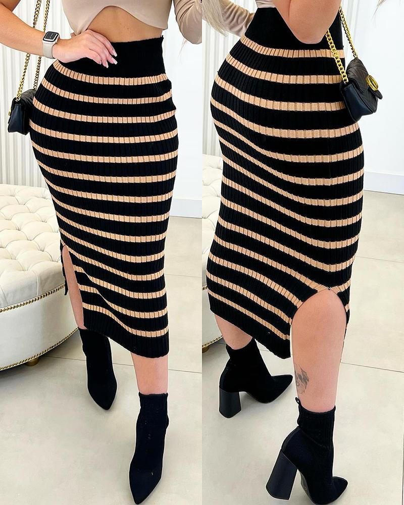 

Striped High Waist Slit Maxi Knit Skirt, Brown