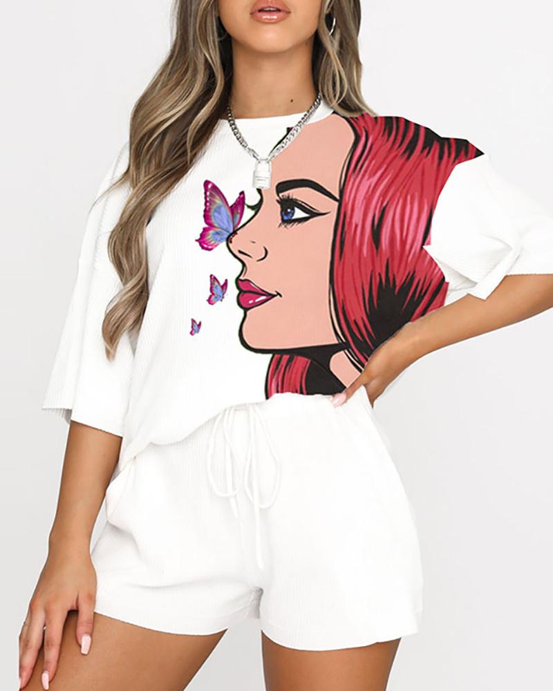 

Figure/Butterfly Print Half Sleeve T-Shirt & Drawstring Shorts Sets, Pink