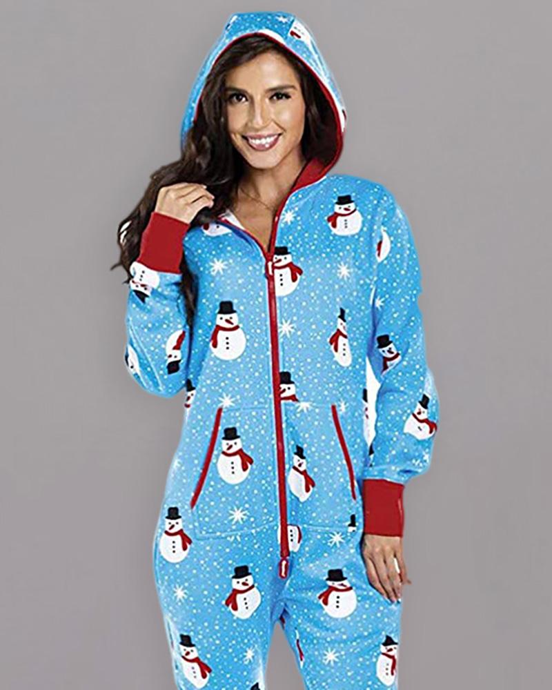 

Christmas Hooded Long Sleeve Casual Jumpsuit, Blue