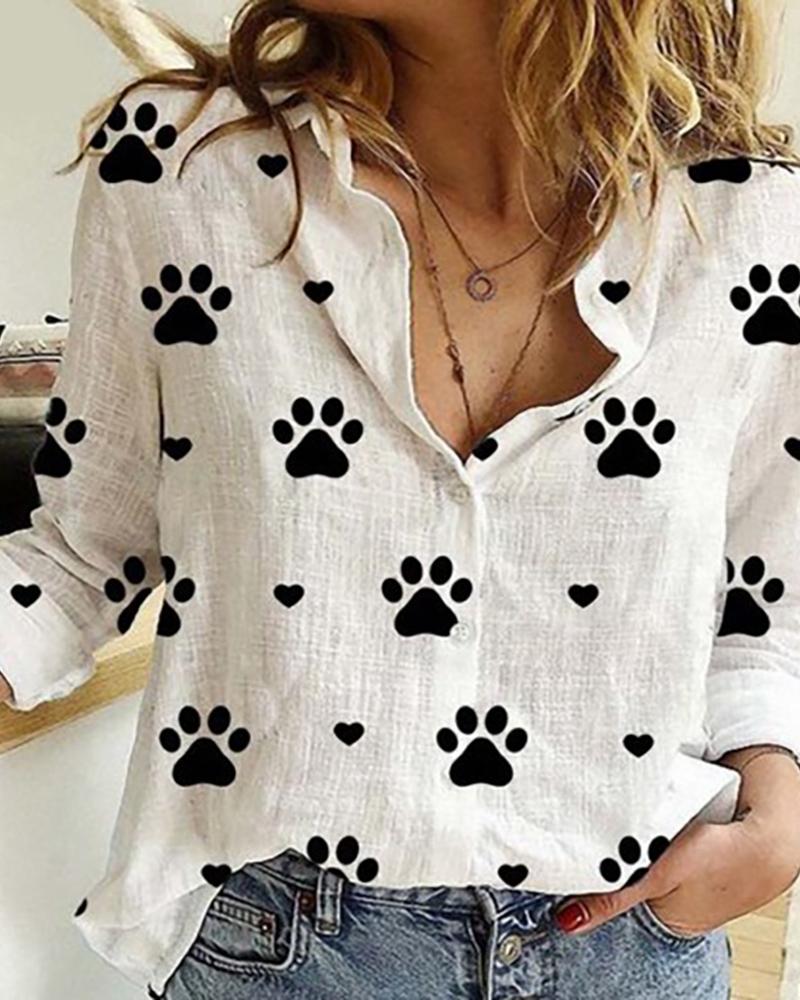

Paw Print Long Sleeve Casual Shirt, White