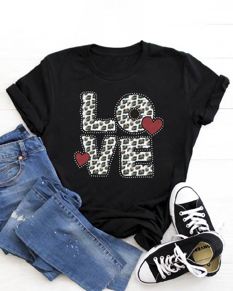 

Valentine's Day Cheetah Heart Letter Print Short Sleeve T-shirt, Style1