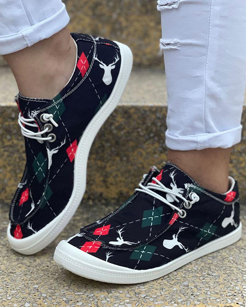 

Christmas Graphic Geometric Print Canvas Slip-On, Black&red