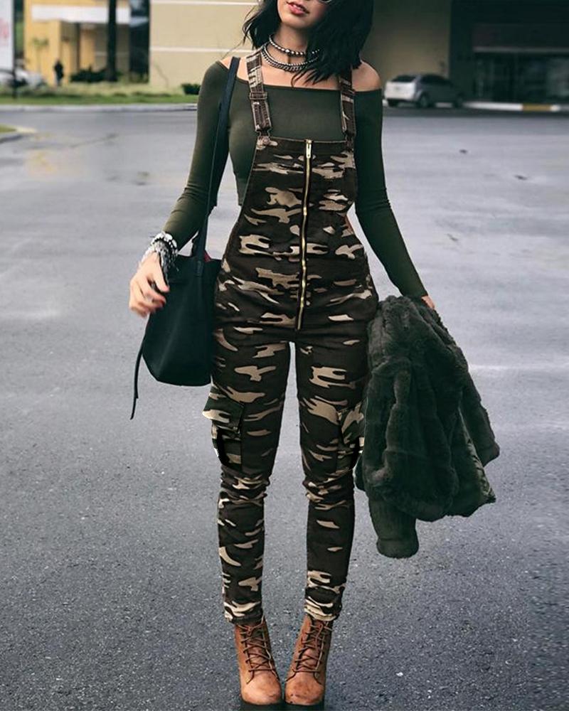 

Stylish Camouflage Print Zipper Pinafore Jumpsuit, Camoflage