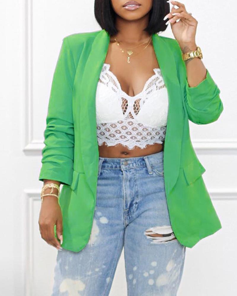 

Plain Shawl Collar Ruched Long Sleeve Blazer, Green