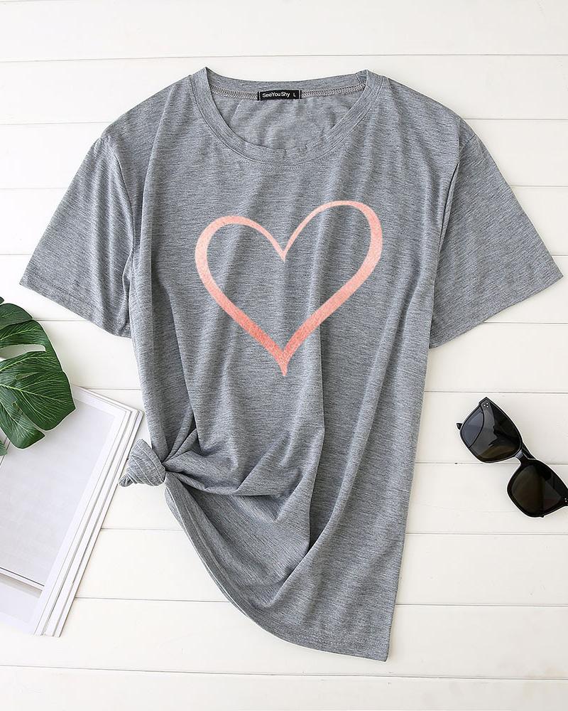 

Valentine' Day Unisex Heart Print Short Sleeve T-shirt, Gray