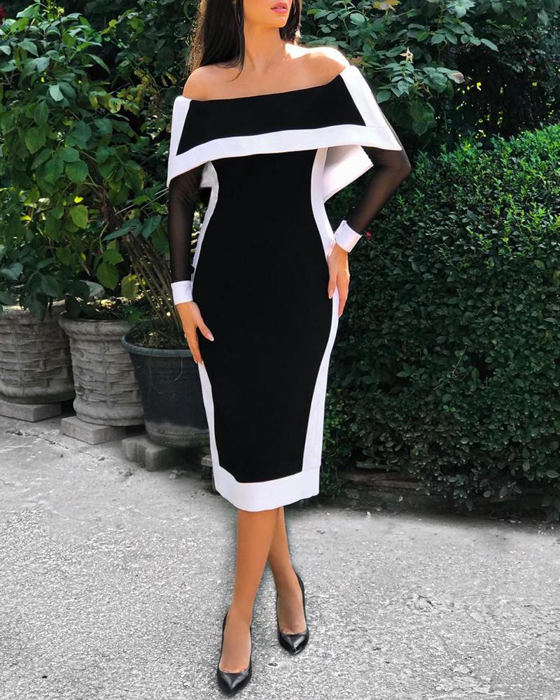 

Off Shoulder Contrast Binding Mesh Sleeve Party Dress, Black