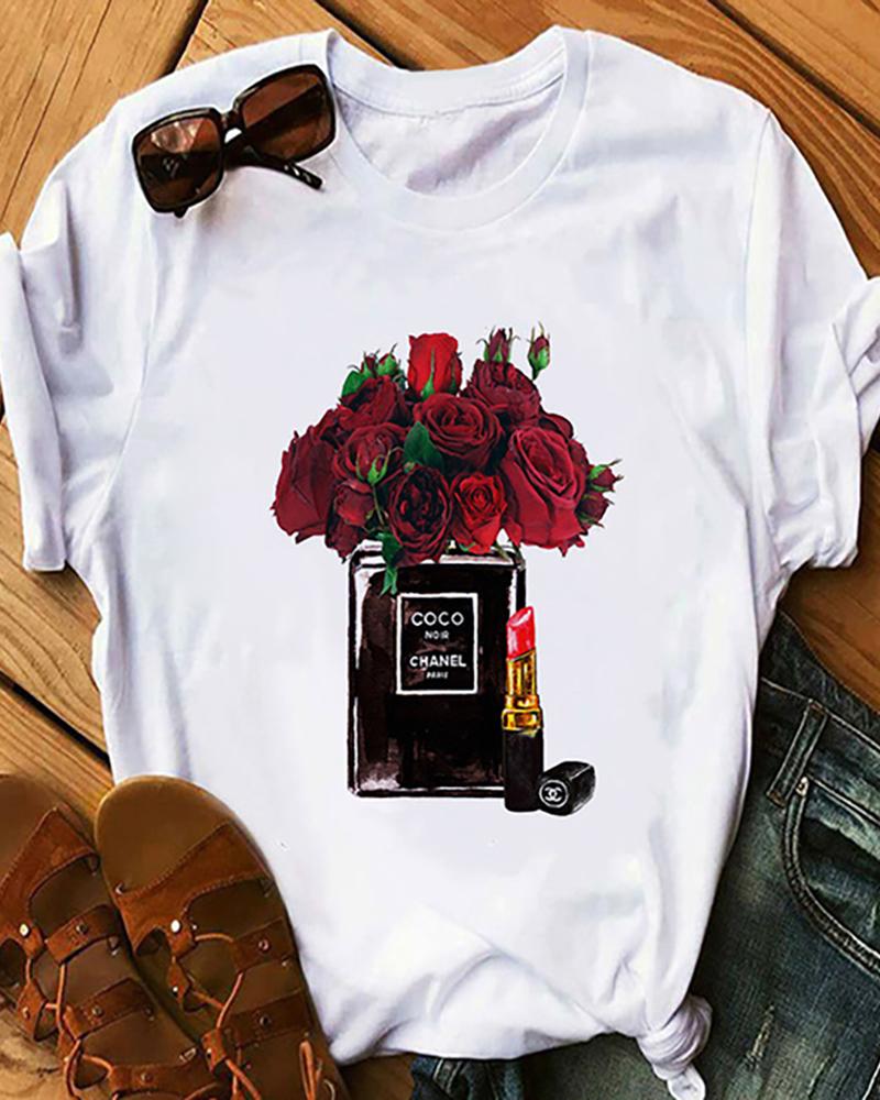 

Floral Graphic Print Short Sleeve Casual T-Shirt, Style2