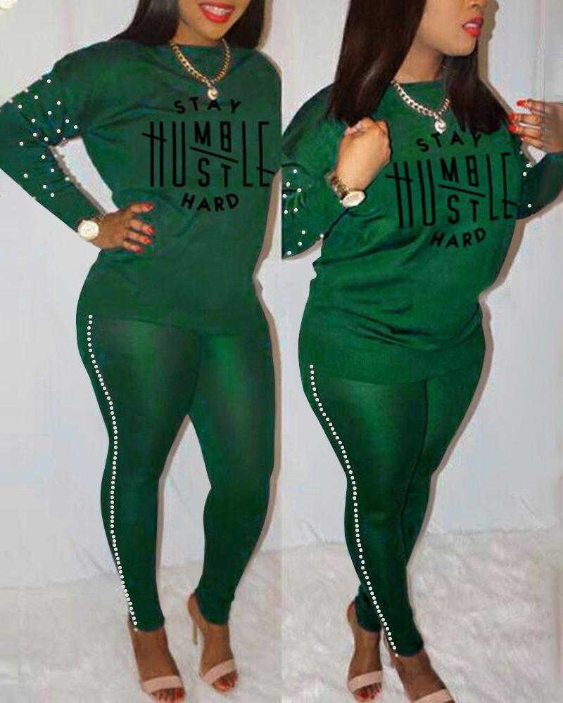 

Letter Print Beaded Decor Casual Top & Pants Set, Green