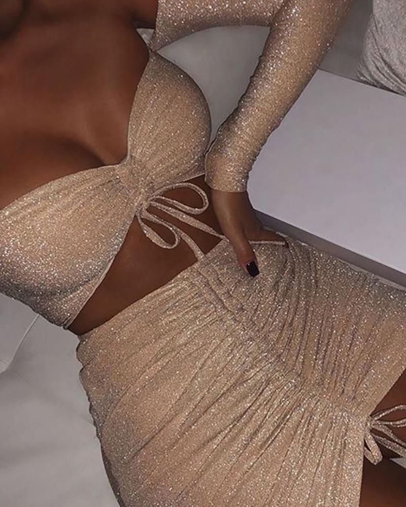 

Glitter Off Shoulder Drawstring Twisted Crop Top & Skirt Sets, Apricot