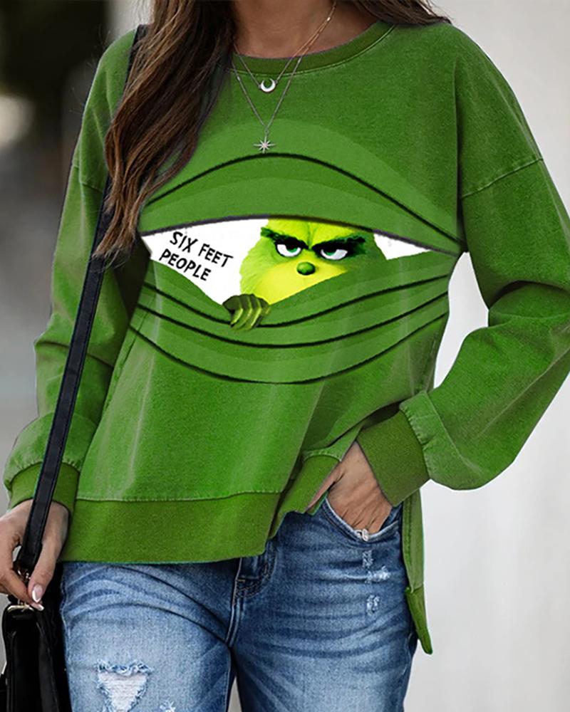 

Christmas Cartoon Grinches Letter Print Sweatshirt, Green