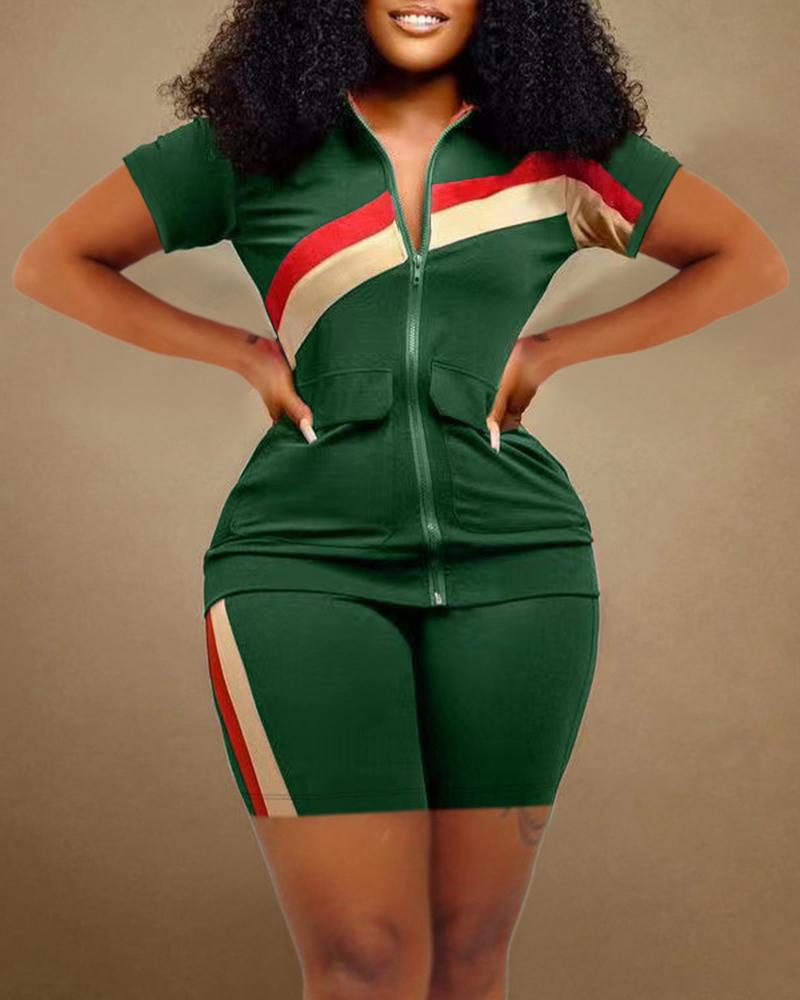 

Striped Zipper Fly Top & Shorts Set, Green