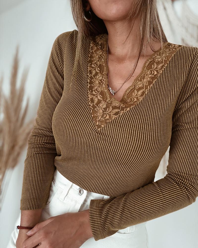 

Contrast Lace V Neck Long Sleeve Ribbed Shirt Casual Slim Fit Top, Dark brown