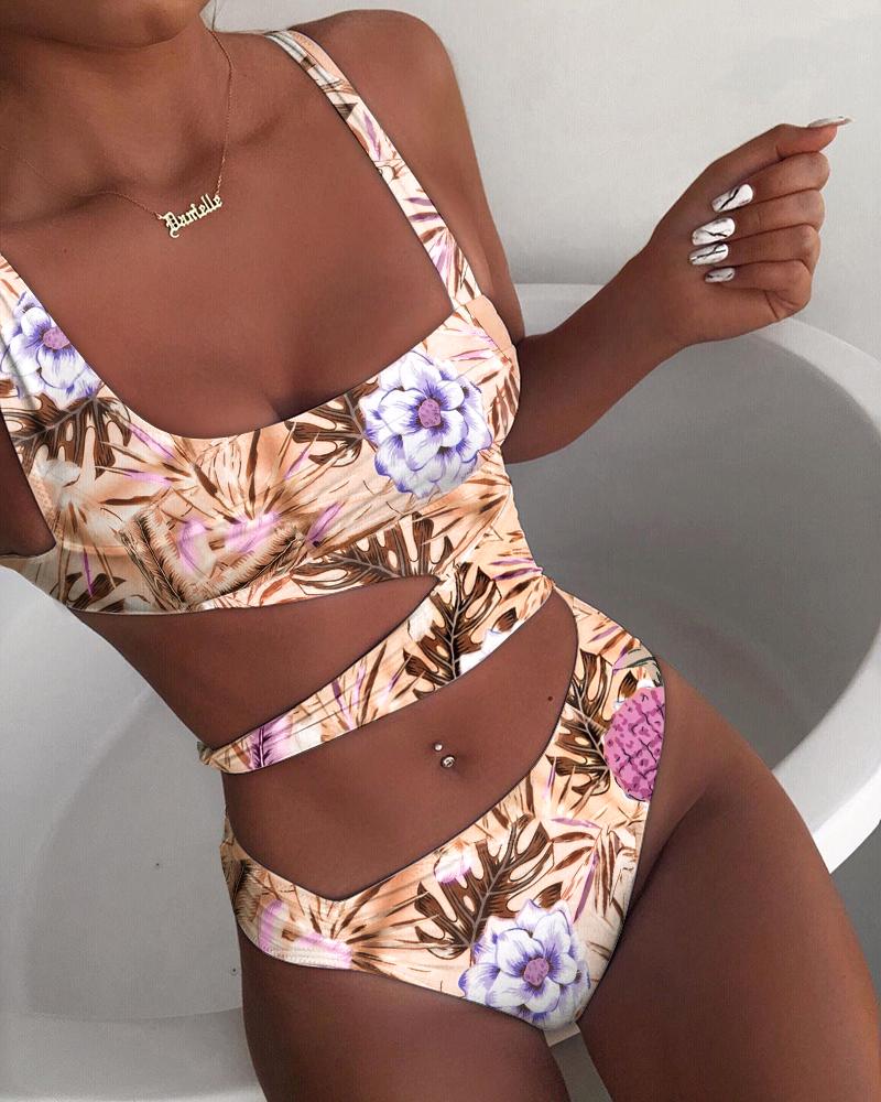 

Tropical Print Cutout One-Piece Swimsuit, Pink