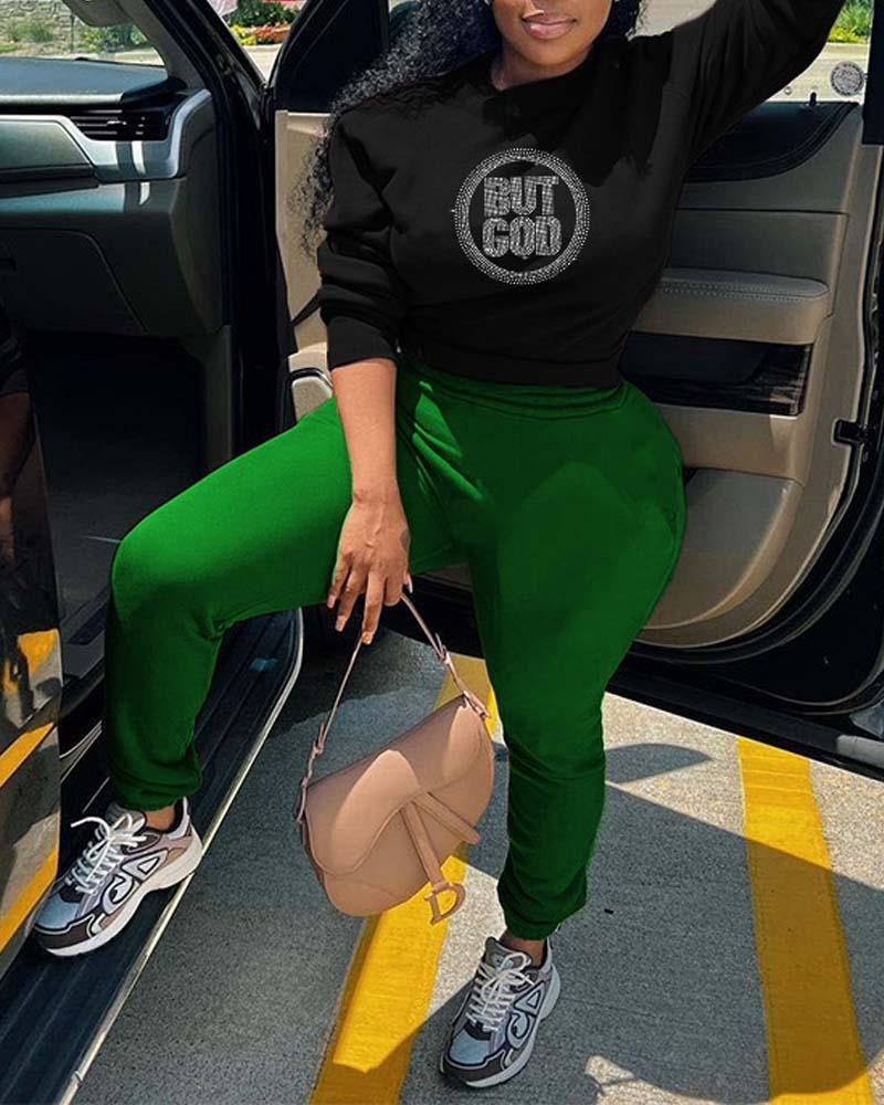 

Plus Size Rhinestone Letter Pattern Casual Top & Pants Set, Green