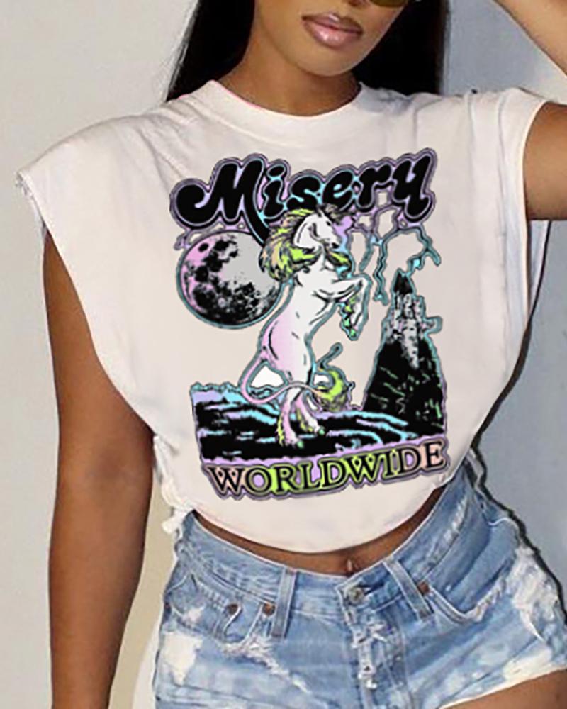 

Graphic Print Cap Sleeve T-shirt, White