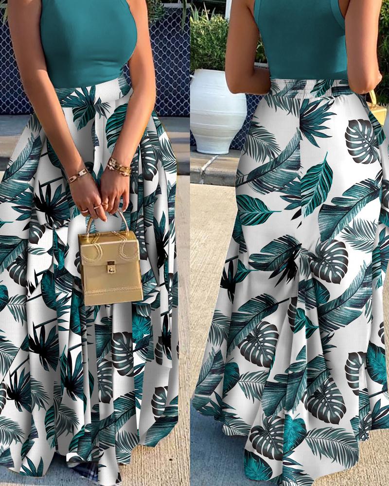 

Leaf Print Patchwork Loose Maxi Half Skirt, Green