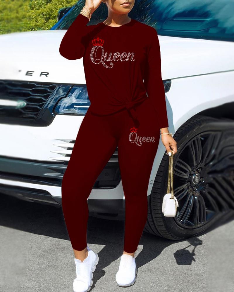 

Rhinestone Letter Crown Pattern Long Sleeve Top & Pants Set, Wine red