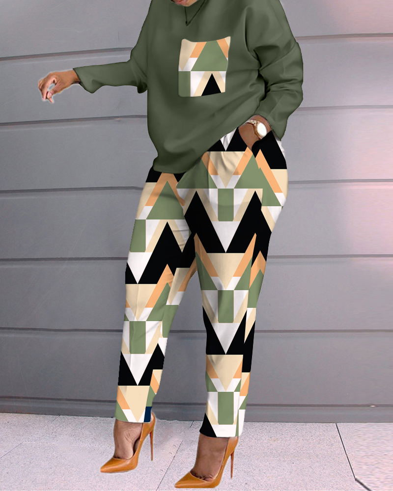 

Geometric Print Long Sleeve Top & Pants Set, Green