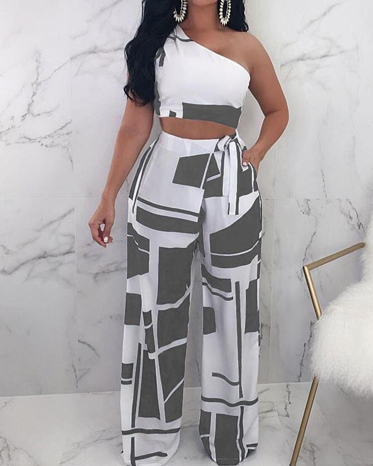 

Colorblock One Shoulder Cropped Wide Pants Set, Gray