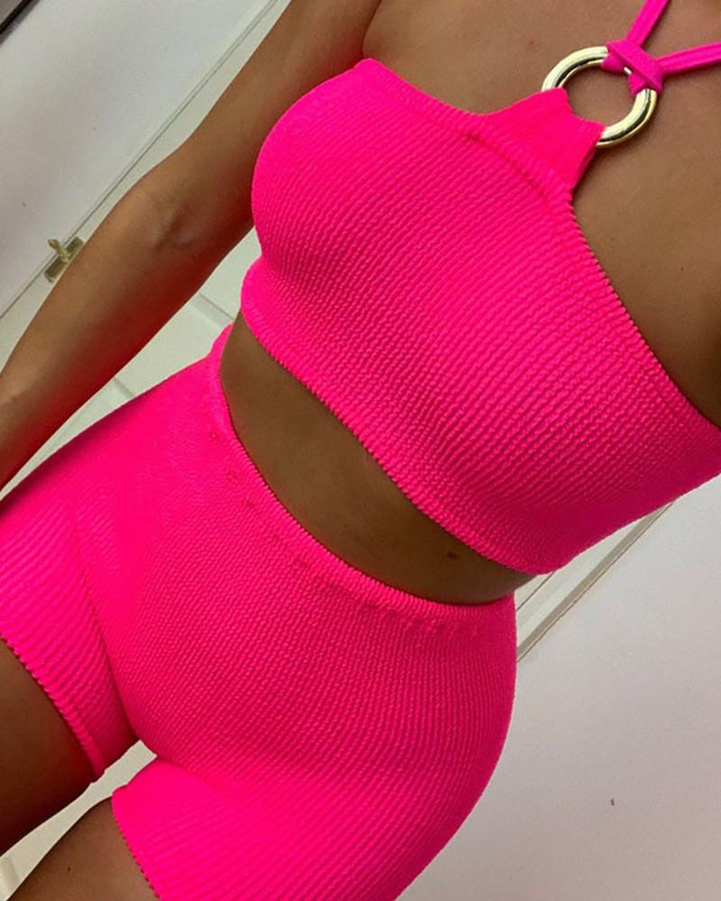 

Halter O-Ring Design Crop Top & Shorts Set, Hot pink