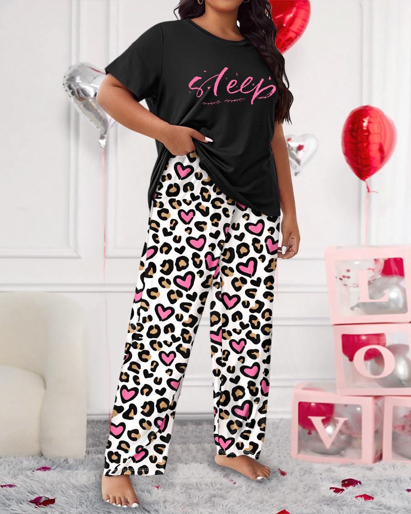 

2 Piece Plus Size Heart Letter Leopard Print Straight Leg Pajamas Set Sweet Sets, Black