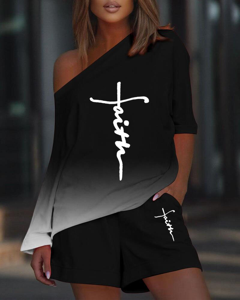 

Faith Ombre Print Casual Top & Shorts Set, Black