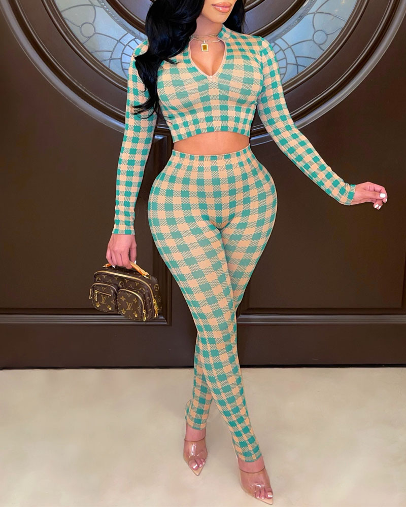 

Plaid Print Zip Front Crop Top & Pants Set, Green