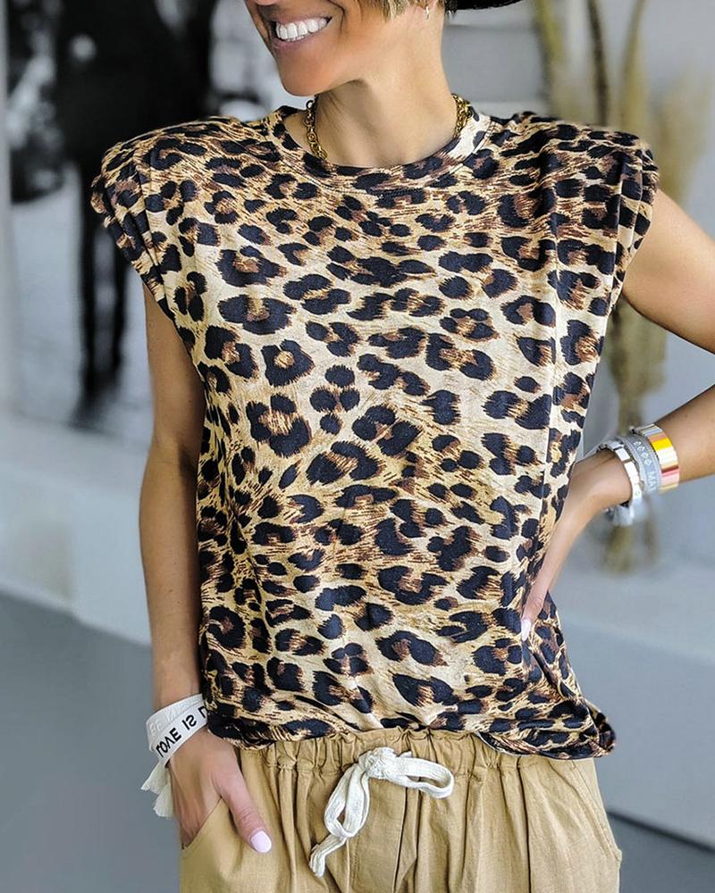 

Leopard Print Splicing Shoulder Pad Sleeveless T-shirt, Brown
