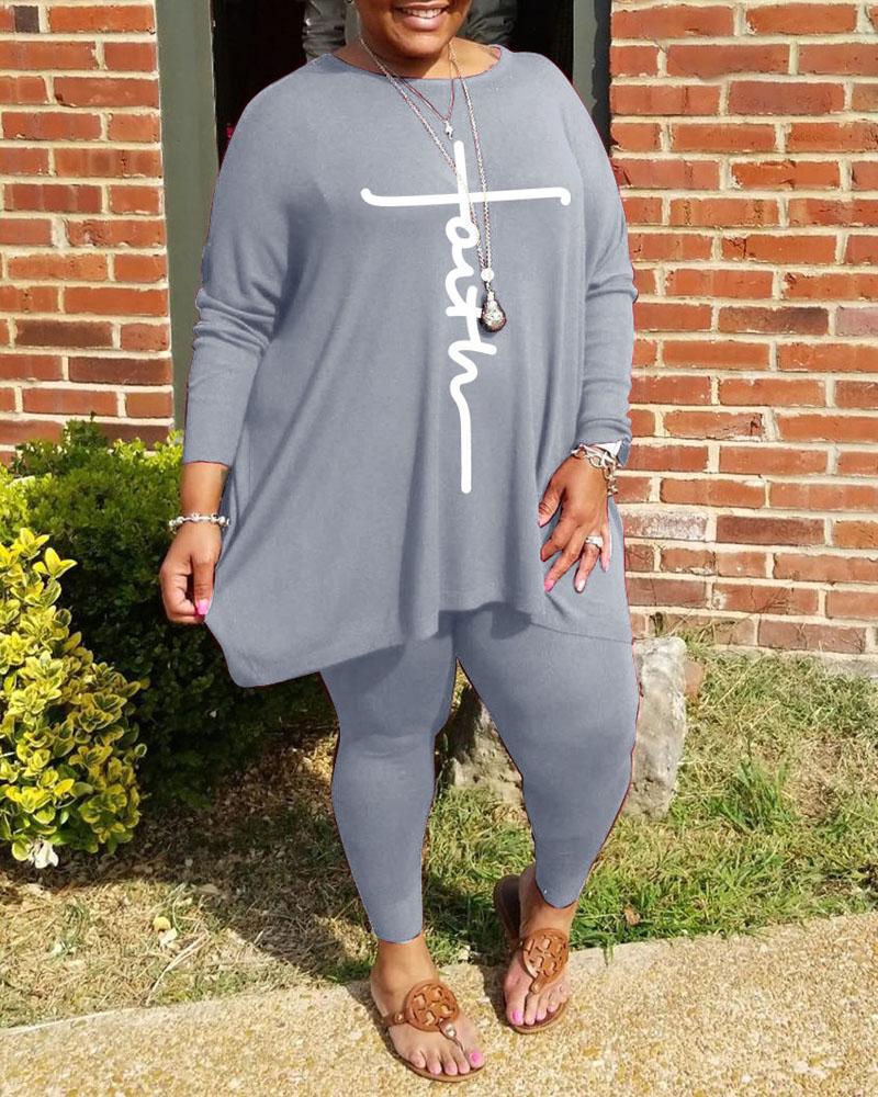 

Plus Size Letter Print Long Sleeve Top & Pants Set, Gray