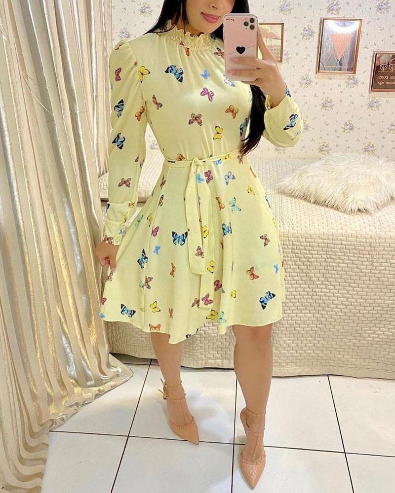 

Puff Sleeve Shirred Detail Butterfly Print Dress, Yellow