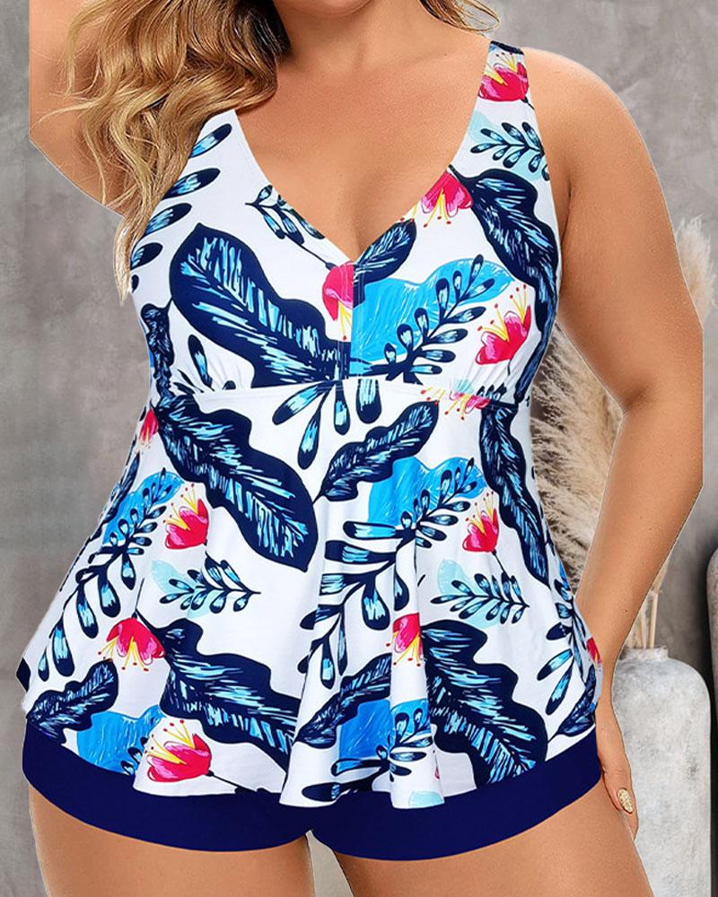 

Plus Size Tropical Print V-Neck Tankini Set, Blue