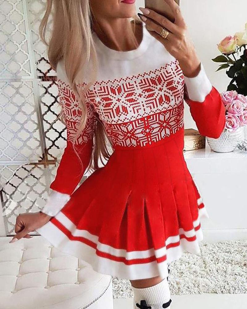 

Christmas Snowflake Print Long Sleeve Pleated Dress, Red